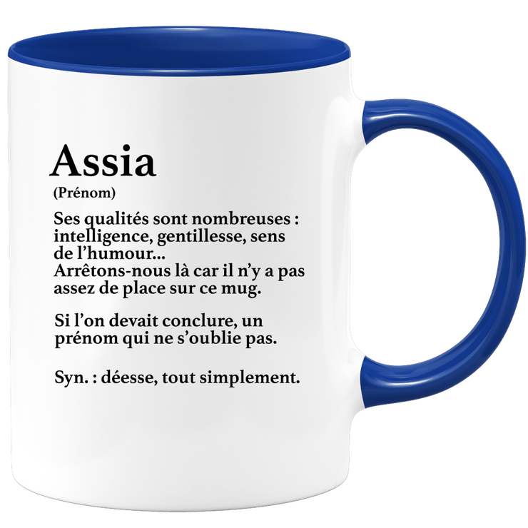 quotedazur - Mug Définition Prénom Assia Déesse Tout Simplement - Cadeau Humour Prénom - Idée Cadeau Famille Saint Valentin - Tasse Prénom Assia - Idéal Pour Noël Au Bureau