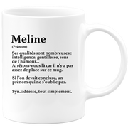 quotedazur - Mug Définition Prénom Meline Déesse Tout Simplement - Cadeau Humour Prénom - Idée Cadeau Famille Saint Valentin - Tasse Prénom Meline - Idéal Pour Noël Au Bureau
