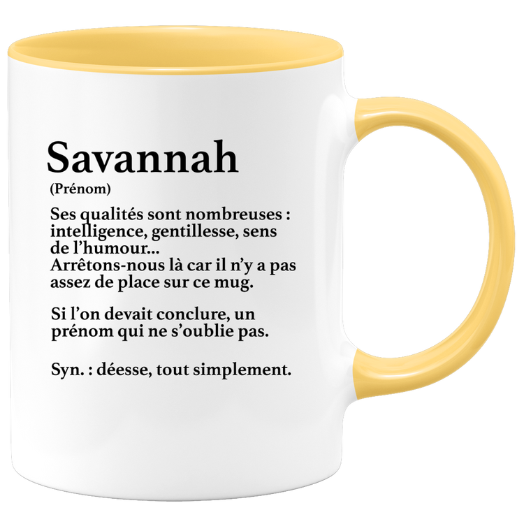 quotedazur - Mug Définition Prénom Savannah Déesse Tout Simplement - Cadeau Humour Prénom - Idée Cadeau Famille Saint Valentin - Tasse Prénom Savannah - Idéal Pour Noël Au Bureau