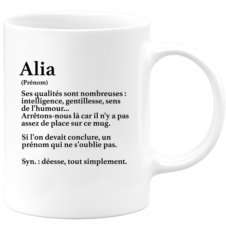 quotedazur - Mug Définition Prénom Alia Déesse Tout Simplement - Cadeau Humour Prénom - Idée Cadeau Famille Saint Valentin - Tasse Prénom Alia - Idéal Pour Noël Au Bureau