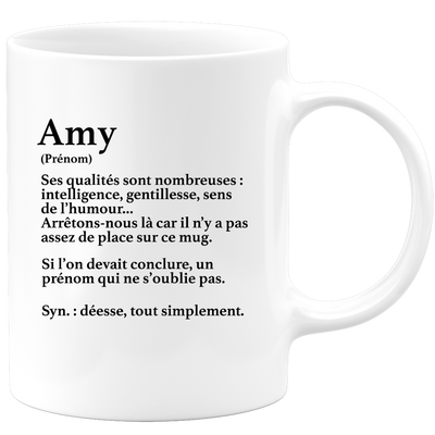 quotedazur - Mug Définition Prénom Amy Déesse Tout Simplement - Cadeau Humour Prénom - Idée Cadeau Famille Saint Valentin - Tasse Prénom Amy - Idéal Pour Noël Au Bureau