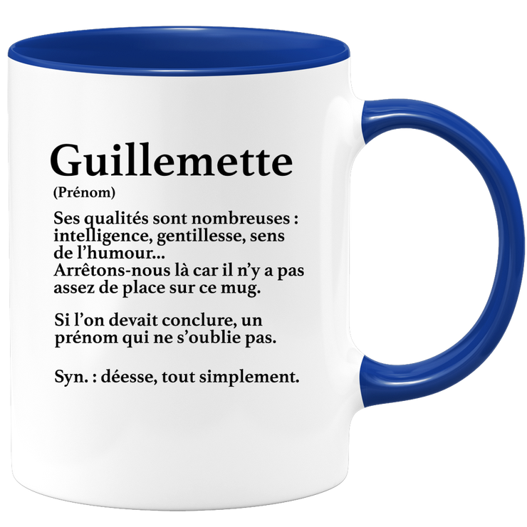 quotedazur - Mug Définition Prénom Guillemette Déesse Tout Simplement - Cadeau Humour Prénom - Idée Cadeau Famille Saint Valentin - Tasse Prénom Guillemette - Idéal Pour Noël Au Bureau