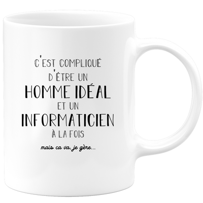 quotedazur - Mug Compliqué D'Être Un Homme Idéal Et Un Informaticien  À La Fois Mais Ca Va Je Gère - Cadeau Humour Métier Travail - Idée Cadeau Pot De Départ Chef  - Tasse Cadeau Retraite Noël