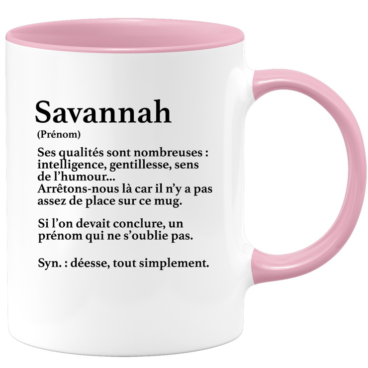 quotedazur - Mug Définition Prénom Savannah Déesse Tout Simplement - Cadeau Humour Prénom - Idée Cadeau Famille Saint Valentin - Tasse Prénom Savannah - Idéal Pour Noël Au Bureau