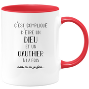 quotedazur - Mug Compliqué D'Être Un Dieu Et Un Gauthier Mais Ça Va Je Gère - Cadeau Humour Prénom - Idée Cadeau Famille Saint Valentin - Tasse Prénom Gauthier