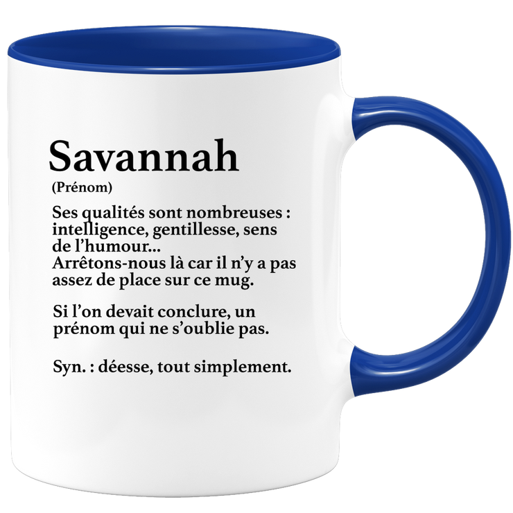 quotedazur - Mug Définition Prénom Savannah Déesse Tout Simplement - Cadeau Humour Prénom - Idée Cadeau Famille Saint Valentin - Tasse Prénom Savannah - Idéal Pour Noël Au Bureau