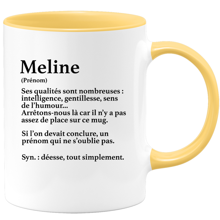 quotedazur - Mug Définition Prénom Meline Déesse Tout Simplement - Cadeau Humour Prénom - Idée Cadeau Famille Saint Valentin - Tasse Prénom Meline - Idéal Pour Noël Au Bureau