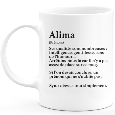 Mug Cadeau Alima - définition Alima - Cadeau prénom personnalisé Anniversaire Femme noël départ collègue - Céramique - Blanc