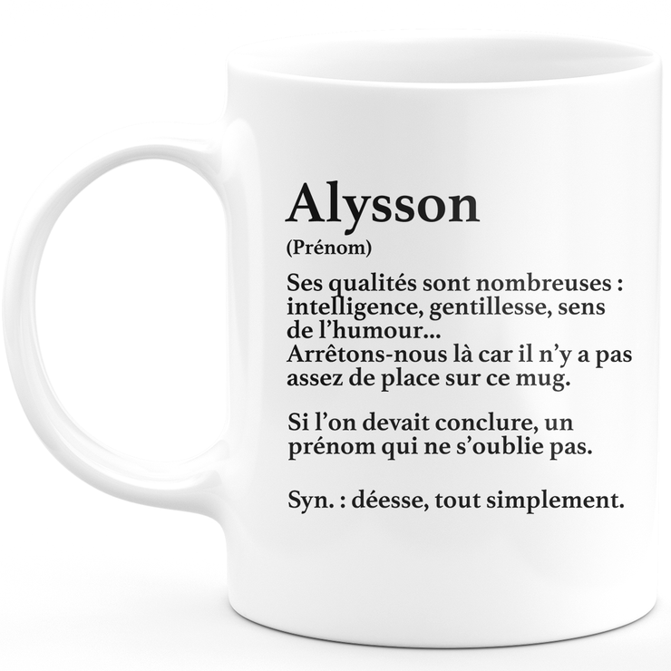 Mug Cadeau Alysson - définition Alysson - Cadeau prénom personnalisé Anniversaire Femme noël départ collègue - Céramique - Blanc