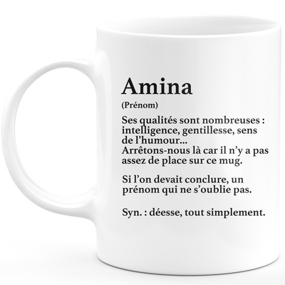 Mug Cadeau Amina - définition Amina - Cadeau prénom personnalisé Anniversaire Femme noël départ collègue - Céramique - Blanc