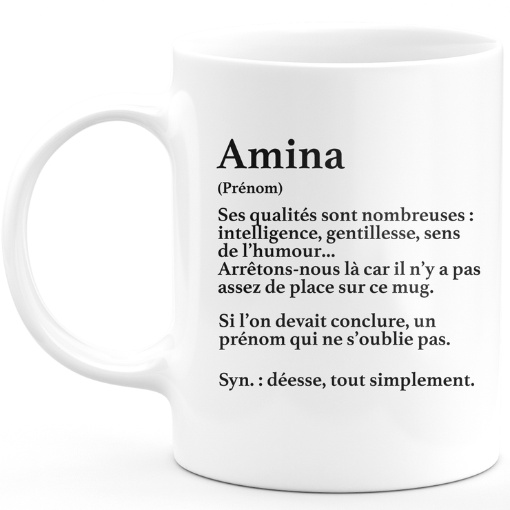 Mug Cadeau Amina - définition Amina - Cadeau prénom personnalisé Anniversaire Femme noël départ collègue - Céramique - Blanc