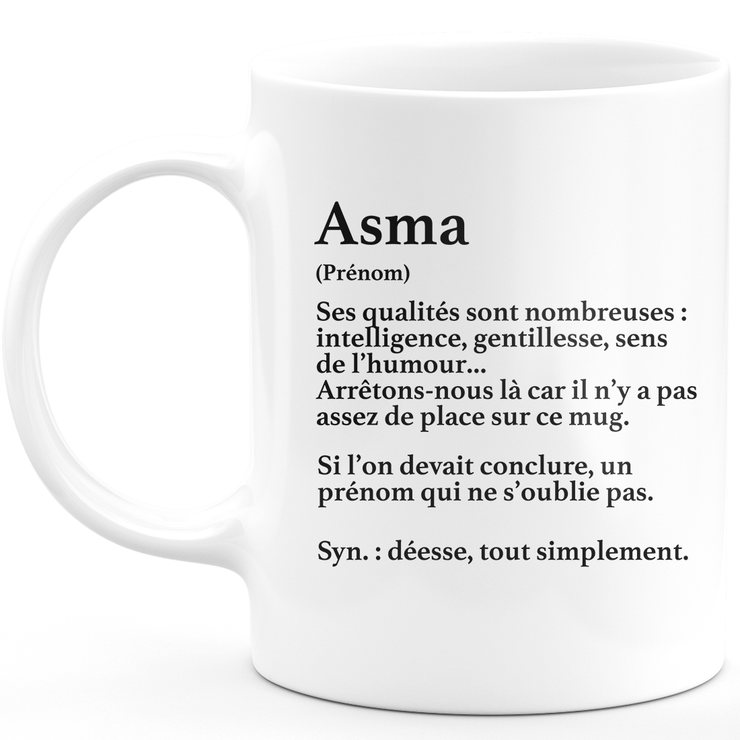 Mug Cadeau Asma - définition Asma - Cadeau prénom personnalisé Anniversaire Femme noël départ collègue - Céramique - Blanc