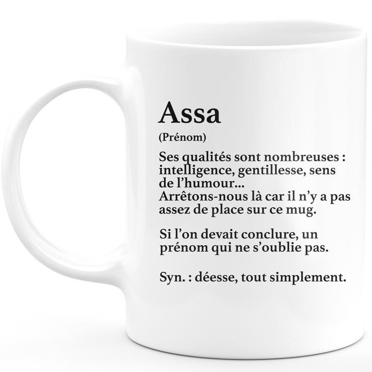 Mug Cadeau Assa - définition Assa - Cadeau prénom personnalisé Anniversaire Femme noël départ collègue - Céramique - Blanc