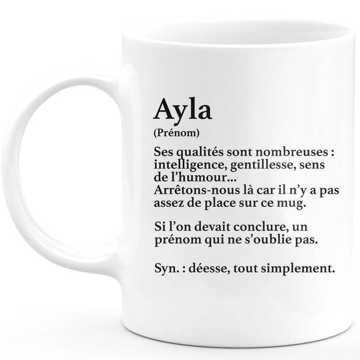 Mug Cadeau Ayla - définition Ayla - Cadeau prénom personnalisé Anniversaire Femme noël départ collègue - Céramique - Blanc