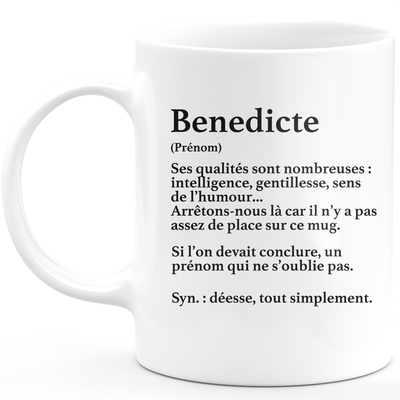 Mug Cadeau Benedicte - définition Benedicte - Cadeau prénom personnalisé Anniversaire Femme noël départ collègue - Céramique - Blanc