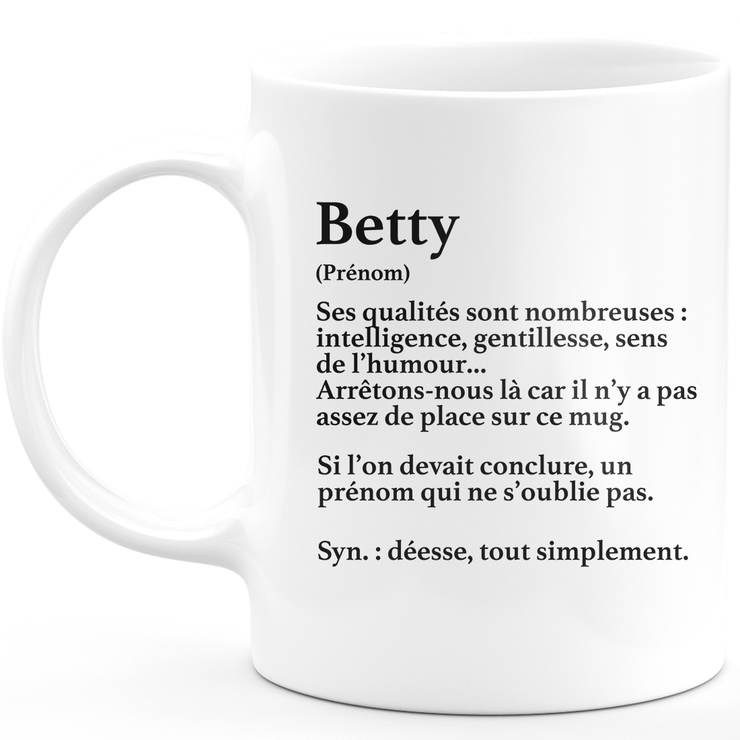 Mug Cadeau Betty - définition Betty - Cadeau prénom personnalisé Anniversaire Femme noël départ collègue - Céramique - Blanc