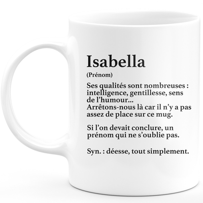 Mug Cadeau Isabella - définition Isabella - Cadeau prénom personnalisé Anniversaire Femme noël départ collègue - Céramique - Blanc