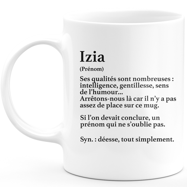 Mug Cadeau Izia - définition Izia - Cadeau prénom personnalisé Anniversaire Femme noël départ collègue - Céramique - Blanc