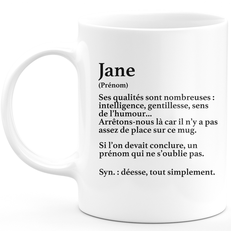 Mug Cadeau Jane - définition Jane - Cadeau prénom personnalisé Anniversaire Femme noël départ collègue - Céramique - Blanc