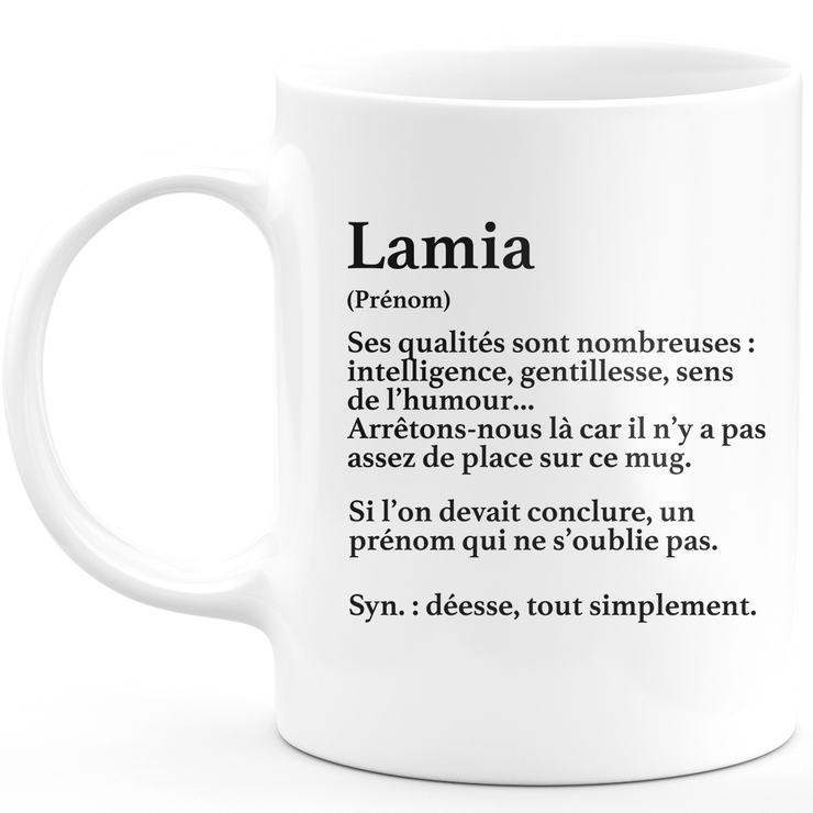 Mug Cadeau Lamia - définition Lamia - Cadeau prénom personnalisé Anniversaire Femme noël départ collègue - Céramique - Blanc