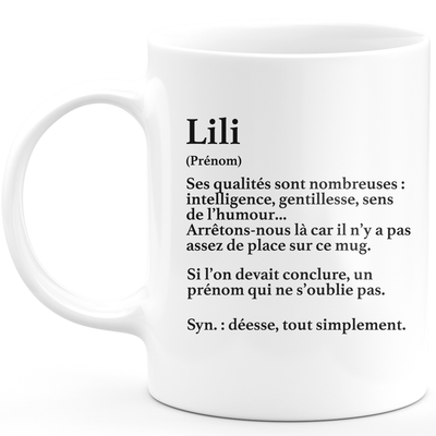 Mug Cadeau Lili - définition Lili - Cadeau prénom personnalisé Anniversaire Femme noël départ collègue - Céramique - Blanc