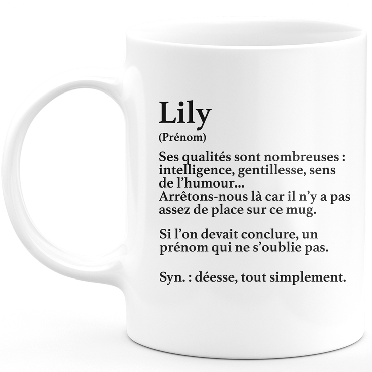 Mug Cadeau Lily - définition Lily - Cadeau prénom personnalisé Anniversaire Femme noël départ collègue - Céramique - Blanc