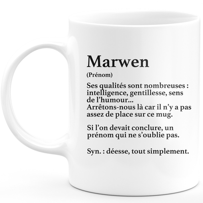 Mug Cadeau Marwen - définition Marwen - Cadeau prénom personnalisé Anniversaire Femme noël départ collègue - Céramique - Blanc