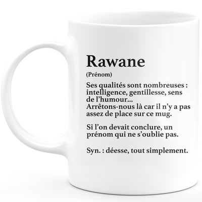 Mug Cadeau Rawane - définition Rawane - Cadeau prénom personnalisé Anniversaire Femme noël départ collègue - Céramique - Blanc