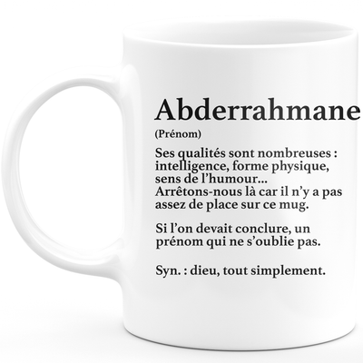 Mug Cadeau Abderrahmane - définition Abderrahmane - Cadeau prénom personnalisé Anniversaire Homme noël départ collègue - Céramique - Blanc