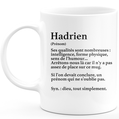 Mug Cadeau Hadrien - définition Hadrien - Cadeau prénom personnalisé Anniversaire Homme noël départ collègue - Céramique - Blanc