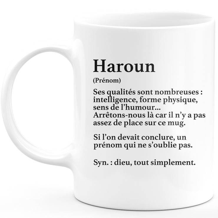 Mug Cadeau Haroun - définition Haroun - Cadeau prénom personnalisé Anniversaire Homme noël départ collègue - Céramique - Blanc