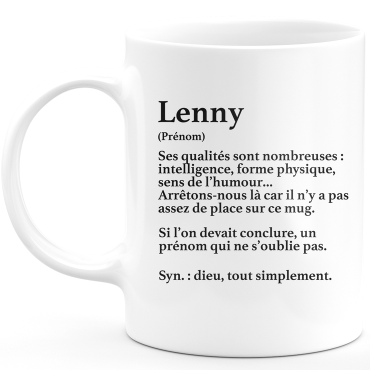 Mug Cadeau Lenny - définition Lenny - Cadeau prénom personnalisé Anniversaire Homme noël départ collègue - Céramique - Blanc