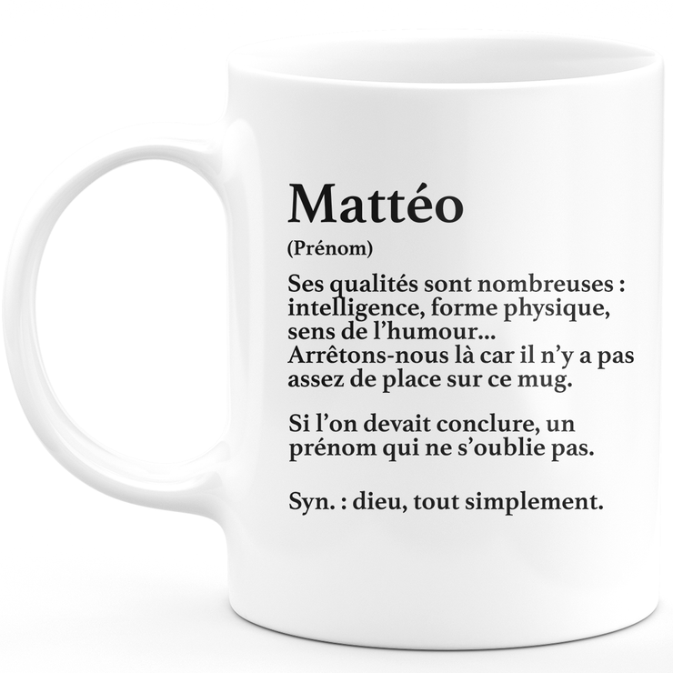 Mattéo Gift Mug - Mattéo definition - Personalized first name gift Birthday Man Christmas departure colleague - Ceramic - White
