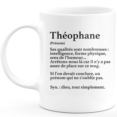 Mug Cadeau Théophane - définition Théophane - Cadeau prénom personnalisé Anniversaire Homme noël départ collègue - Céramique - Blanc